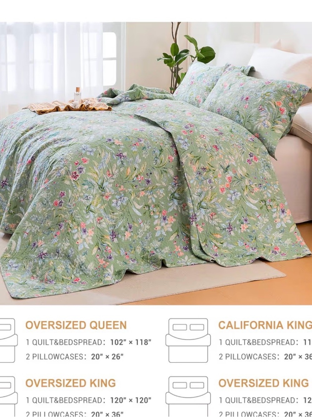 Floral Quilted Bedspread Set in Sage Green by QSH - Picture 5 of 6